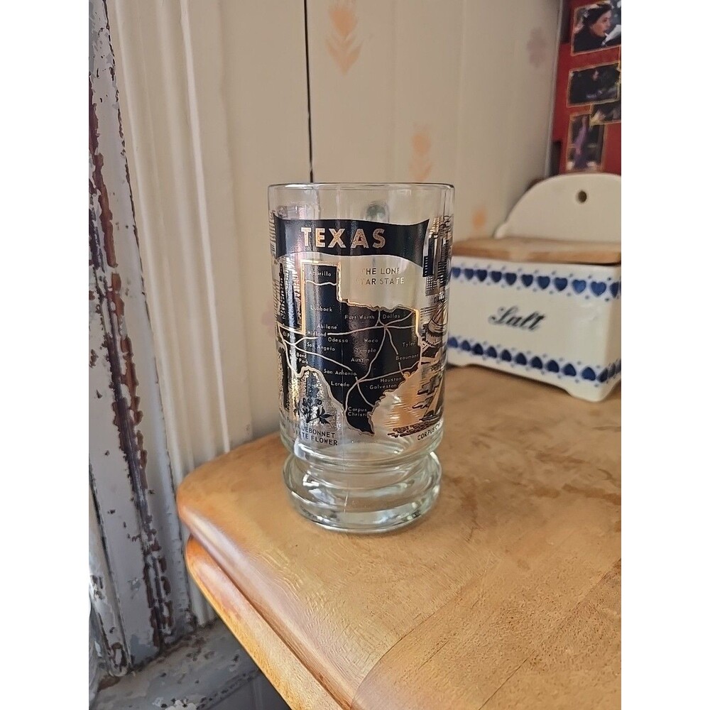 TEXAS - THE LONE STAR STATE, Clear Glass Mug, 12 oz./ Vintage Stein Black Gold